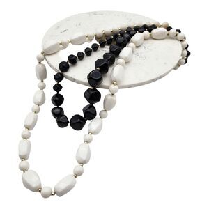 Lot of 2 Vintage Plastic Beaded Necklaces White 30", Black 24"